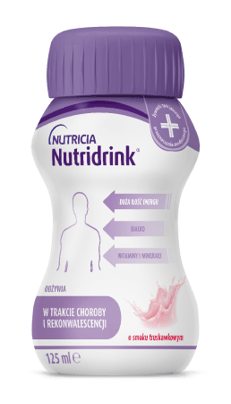 Produkt Nutridrink wspierający żywienie w trakcie choroby i rekonwalescencji o smaku truskawkowym dostępny w sklepie Posiłki w Chorobie.