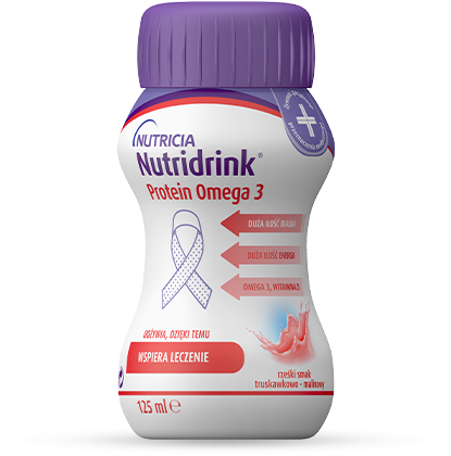 Preparat odżywczy Nutridrink Protein Omega 3 o rześkim smaku truskawkowo-malinowym dostępny w sklepie Posiłki w Chorobie to wsparcie dietetyczne dla pacjentów z chorobą nowotworową.