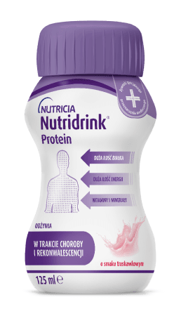 Produkt Nutridrink Protein o zwiększonej zawartości białka dostępny w sklepie Posiłki w Chorobie wspiera dietę pacjentów w ryzyku niedożywienia związanym z chorobą – smak truskawkowy.