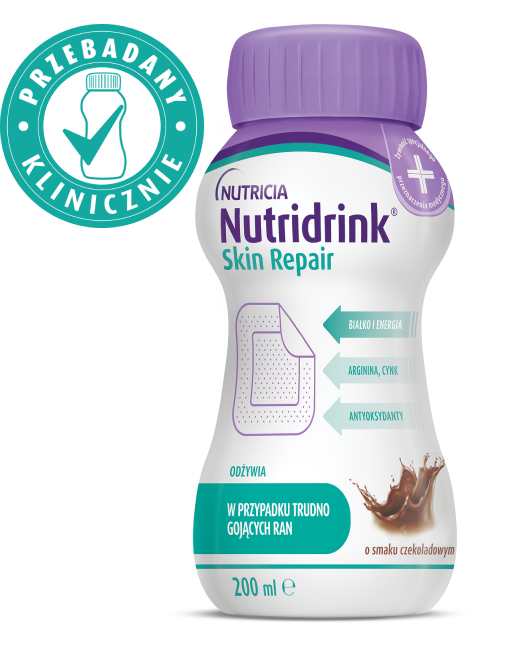 Przebadany klinicznie preparat odżywczy Nutridrink Skin Repair o smaku czekoladowym wspiera pacjentów z odleżynami i trudno gojącymi się ranami – teraz dostępny w sklepie Posiłki w Chorobie.